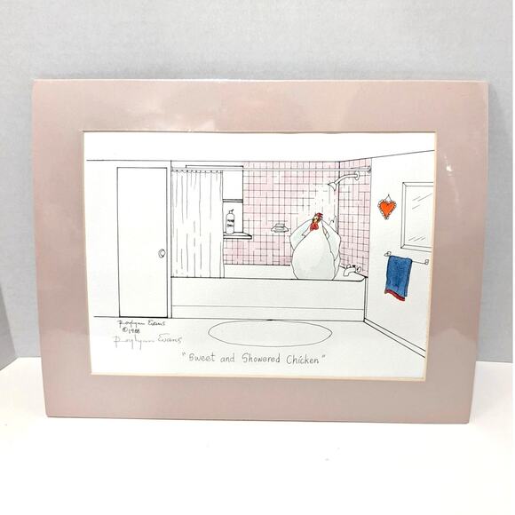 Vtg Roylynn Evans Sweet and Showered Chicken Signed Art Print 1988 Matted Sealed - Picture 10 of 10